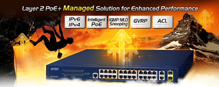 24-Port 10/100TX 802.3at PoE + 2-Port Gigabit TP/SFP Combo Managed Ethernet Switch 4 FGSW 2624HPSv4 1 N
