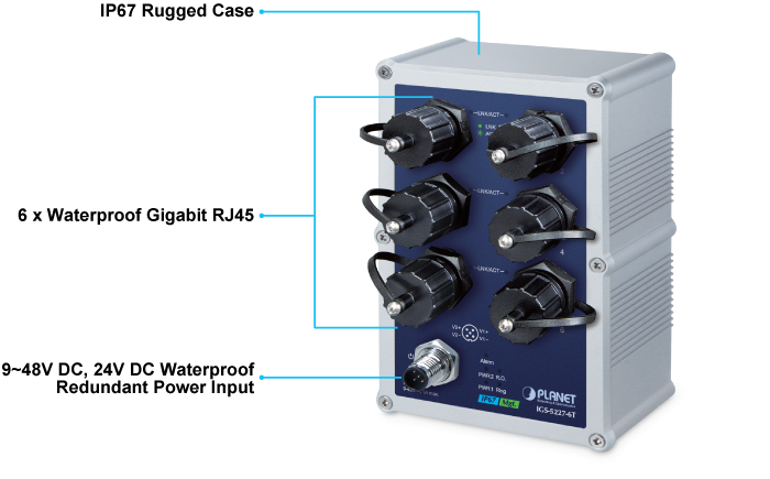 Industrial IP67-rated 6-Port 10/100/1000T Managed Ethernet Switch 5 IGS 5227 6Tv2 Front Panel Introducton
