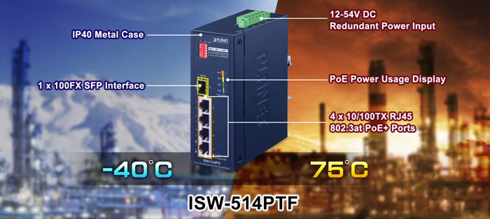 Industrial 4-Port 10/100TX 802.3at PoE+ plus 1-Port 100FX Ethernet Switch 4 ISW 514PTFv3.1 3