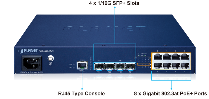 L3 8-Port 10/100/1000T 802.3at PoE + 4-Port 10G SFP+ Stackable Managed Switch 4 SGS 6310 8P4X Front Panel Introducton