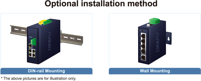 Compact Industrial 4-Port 10/100TX 802.3at PoE + 1-Port 10/100TX Ethernet Switch 7 Common Optional installation method E
