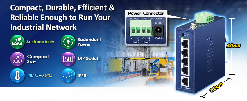 Compact Industrial 5-Port 10/100TX Ethernet Switch 4 PLANET ISW-500T-E