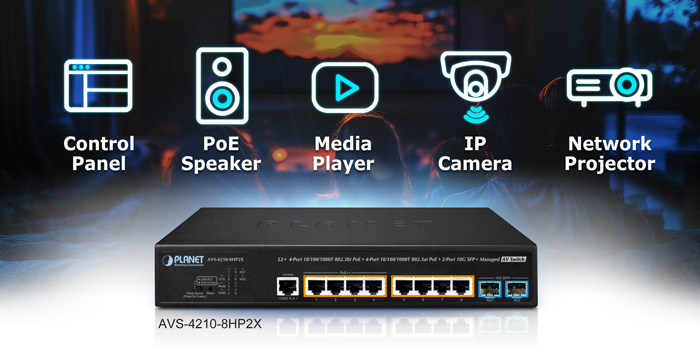 L2+ 4-Port 10/100/1000T 802.3bt PoE + 4-Port 10/100/1000T 802.3at PoE + 2-Port 10G SFP+ Managed AV Switch 5 AVS 4210 8HP2X 1