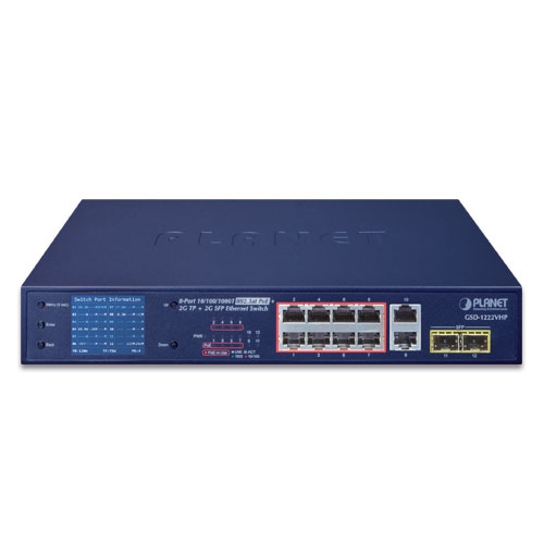 8-Port 10/100/1000T 802.3at PoE + 2-Port 10/100/1000T + 2-Port 1000X SFP Ethernet Switch with PoE LCD Monitor 2 GSD 1222VHPv1.1 01