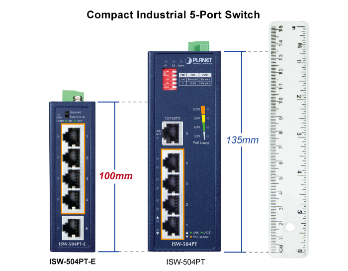 Compact Industrial 4-Port 10/100TX 802.3at PoE + 1-Port 10/100TX Ethernet Switch 5 ISW 504PT E 1