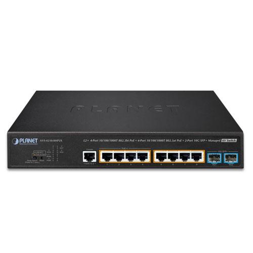 L2+ 4-Port 10/100/1000T 802.3bt PoE + 4-Port 10/100/1000T 802.3at PoE + 2-Port 10G SFP+ Managed AV Switch 2 box AVS 4210 8HP2Xv1.1 01