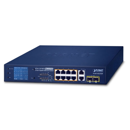 8-Port 10/100TX 802.3at PoE + 2-Port Gigabit TP/SFP Combo Desktop Switch with PoE LCD Monitor 1 box FGSD 1022VHPv3