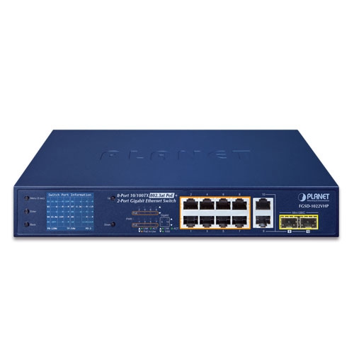 8-Port 10/100TX 802.3at PoE + 2-Port Gigabit TP/SFP Combo Desktop Switch with PoE LCD Monitor 2 box FGSD 1022VHPv3 01