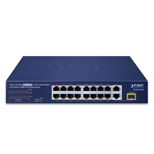 16-Port 10/100TX 802.3at PoE + 2-Port 10/100/1000T + 1-Port Shared 1000X SFP Desktop Switch (185 Watts) 2 box FGSD 1821P 01