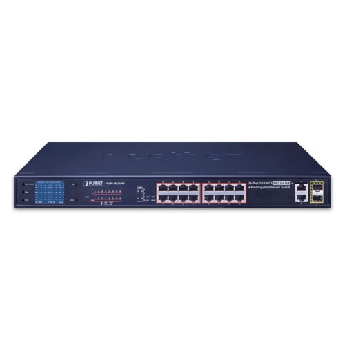 16-Port 10/100TX 802.3at PoE + 2-Port Gigabit TP + 2-Port SFP Ethernet Switch with LCD PoE Monitor 2 box FGSW 1822VHPv3 01