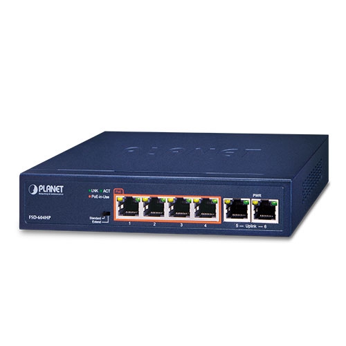 4-Port 10/100TX 802.3af/at PoE + 2-Port 10/100TX Desktop Switch (60 Watts) 1 box FSD 604HPv1.1