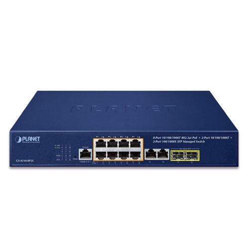 8-Port 10/100/1000T 802.3at PoE + 2-Port 10/100/1000T+ 2-Port 100/1000X SFP Managed Switch 2 box GS 4210 8P2C 01