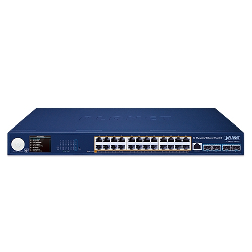 L3 24-Port 10/100/1000T 802.3at PoE + 4-Port 10G SFP+ Managed Ethernet Switch with Smart LCD Screen 2 box GS 6311 24P4XV 01