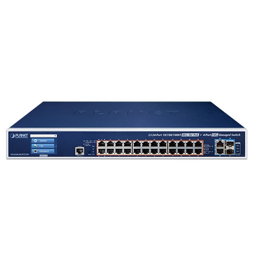 L3 24-Port 10/100/1000T 802.3bt PoE + 2-Port 10GBASE-T + 2-Port 10G SFP+ Managed Switch with LCD Touch Screen and Redundant Power 2 box GS 6320 24UP2T2XV v2 01