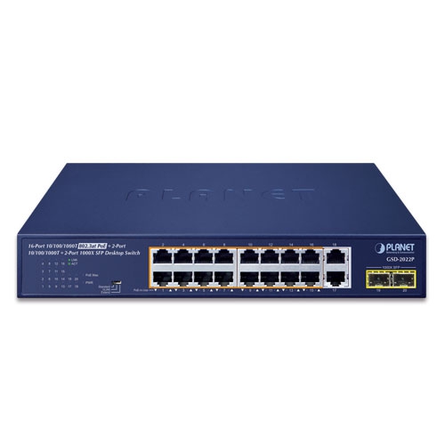 16-Port 10/100/1000T 802.3at PoE + 2-Port 10/100/1000T + 2-Port 1000X SFP Desktop Switch 2 box GSD 2022P 01