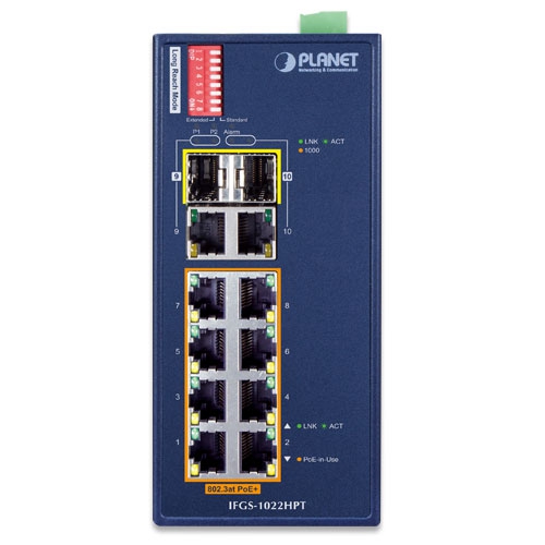 Industrial 8-Port 10/100TX 802.3at PoE + 2-Port Gigabit TP/SFP Combo Ethernet Switch 2 box IFGS 1022HPTv3 01
