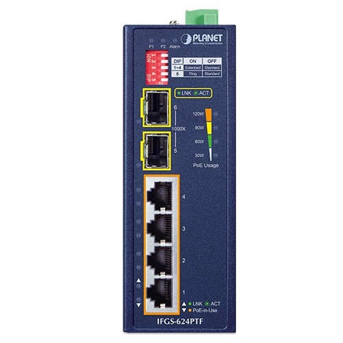 Industrial 4-Port 10/100TX 802.3at PoE + 2-Port 1000X SFP Ring Ethernet Switch 2 box IFGS 624PTF 01