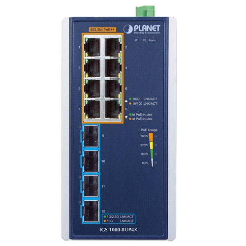 Industrial 8-Port 10/100/1000T 802.3bt PoE + 4-Port 10G SFP+ Ethernet Switch 2 box IGS 1000 8UP4X 01