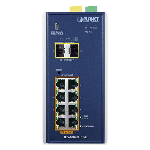 Industrial 8-port 10/100/1000T 802.3at PoE + 2-port 1G/2.5G SFP Managed Switch 5 box IGS 10020HPT U 01