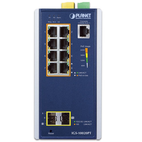 Industrial 8-port 10/100/1000T 802.3at PoE + 2-port 1G/2.5G SFP Managed Switch 2 box IGS 10020PTv4 01