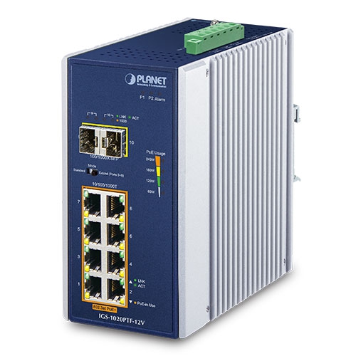 Industrial 8-Port 10/100/1000T 802.3at PoE + 2-Port 100/1000X SFP Ethernet Switch w/ 12V Booster 1 box IGS 1020PTF 12V v2