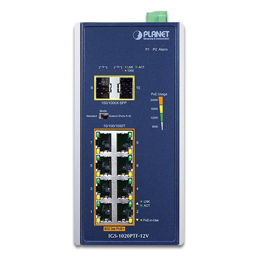 Industrial 8-Port 10/100/1000T 802.3at PoE + 2-Port 100/1000X SFP Ethernet Switch w/ 12V Booster 2 box IGS 1020PTF 12V v2 01