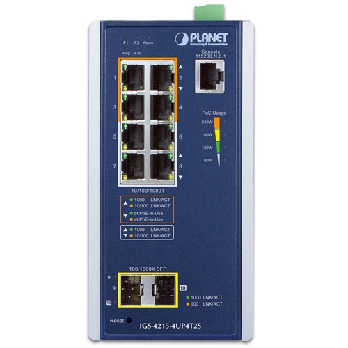 Industrial 4-Port 10/100/1000T 802.3bt PoE + 4-Port 10/100/1000T + 2-Port 100/1000X SFP Managed Switch 2 box IGS 4215 4UP4T2S 01