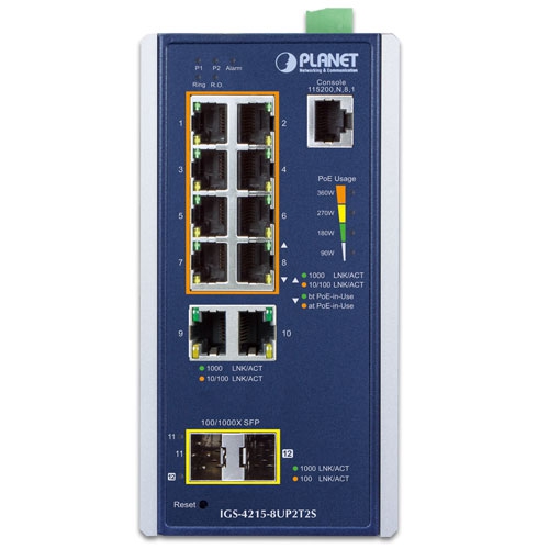 Industrial 8-Port 10/100/1000T 802.3bt PoE + 2-Port 10/100/1000T + 2-Port 100/1000X SFP Managed Switch 2 box IGS 4215 8UP2T2S 01