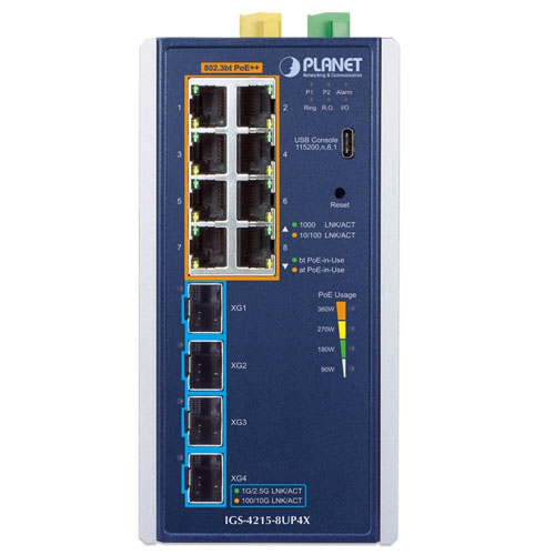 Industrial L2+ 8-Port 10/100/1000T 802.3bt PoE + 4-Port 10G SFP+ Managed Ethernet Switch 2 box IGS 4215 8UP4X 01