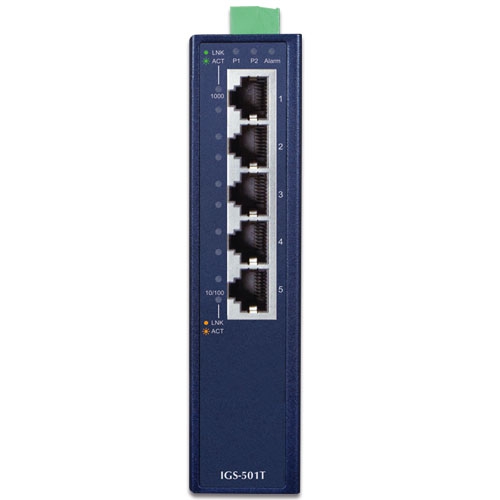 5-Port 10/100/1000T Industrial Gigabit Ethernet Switch with Wide Operating Temperature 2 box IGS 501Tv5 01