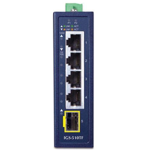 Industrial Compact 4-Port 10/100/1000T + 1-Port 100/1000X SFP Gigabit Ethernet Switch 2 box IGS 510TFv2 01