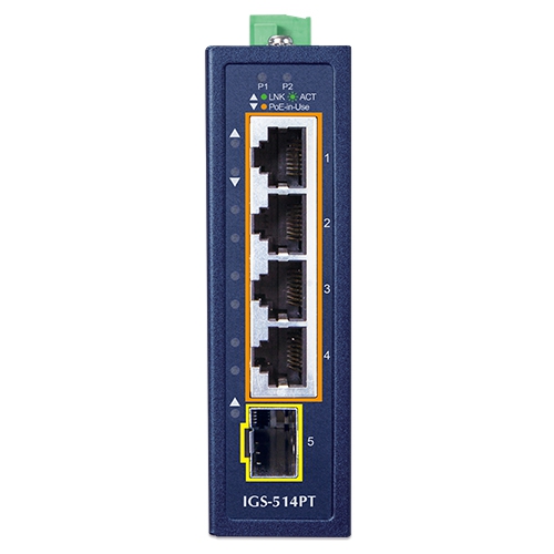 Compact Industrial 4-Port 10/100/1000T 802.3at PoE + 1-Port 100/1000X SFP Ethernet Switch 2 box IGS 514PT 01