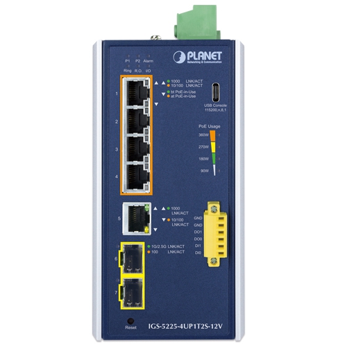 Industrial L2+ 4-Port 10/100/1000T 802.3bt PoE + 1-Port 10/100/1000T + 2-Port 1G/2.5G SFP Managed Ethernet Switch w/12V Booster 2 box IGS 5225 4UP1T2S 12V 01