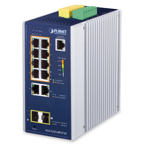 Industrial L2+ 8-Port 10/100/1000T 802.3at PoE + 2-Port 10/100/1000T + 2-Port 1G/2.5G SFP Managed Ethernet Switch 1 box IGS 5225 8P2T2Sv4