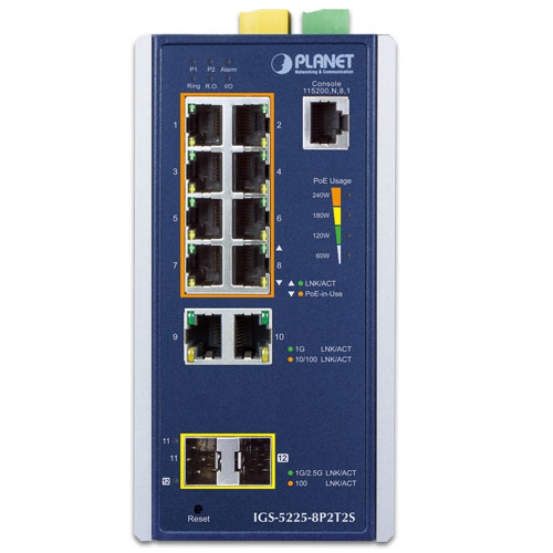 Industrial L2+ 8-Port 10/100/1000T 802.3at PoE + 2-Port 10/100/1000T + 2-Port 1G/2.5G SFP Managed Ethernet Switch 2 box IGS 5225 8P2T2Sv4 01
