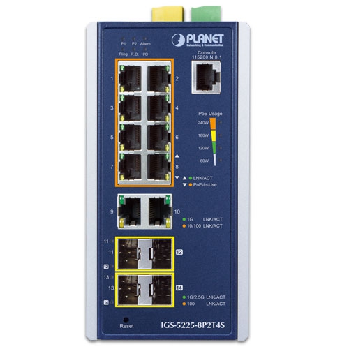 Industrial L2+ 8-Port 10/100/1000T 802.3at PoE + 2-Port 10/100/1000T + 2-Port 100/1G SFP + 2-Port 100/1G/2.5G SFP Managed Ethernet Switch 2 box IGS 5225 8P2T4Sv2 01