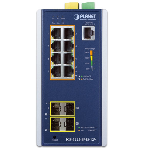 Industrial L2+ 8-Port 10/100/1000T 802.3at PoE + 2-Port 100/1G SFP + 2-Port 100/1G/2.5G SFP Managed Ethernet Switch w/ 12V Booster 2 box IGS 5225 8P4S 12V 01