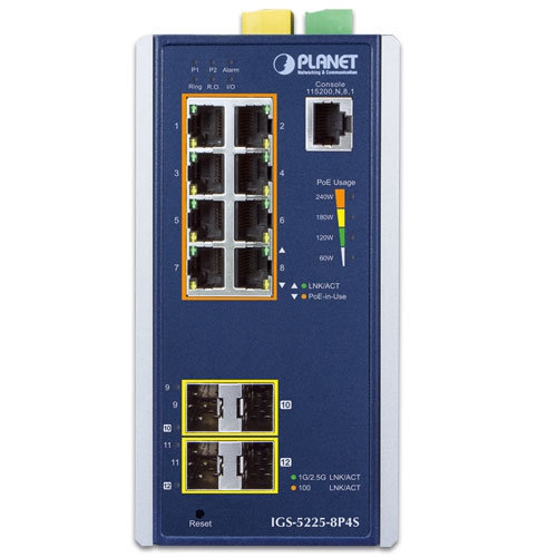 Industrial L2+8-Port 10/100/1000T 802.3at PoE + 2-Port 100/1G SFP + 2-Port 100/1G/2.5G SFP Managed Ethernet Switch 2 box IGS 5225 8P4Sv5 01