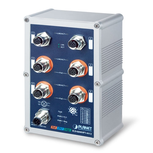 Industrial IP67 Rated 4-Port 10/100/1000T 802.3at PoE + 2-Port 10/100/1000T Managed Ethernet Switch 1 box IGS 604HPT M12v1.1