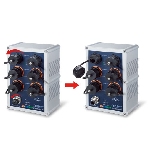 Industrial IP67-rated 4-Port 10/100/1000T 802.3at PoE + 2-Port 10/100/1000T Managed Ethernet Switch 3 box IGS 604HPT RJv1.1 02