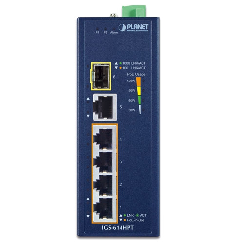 Industrial 4-Port 10/100/1000T 802.3at PoE + 1-Port 10/100/1000T + 1-Port 100/1000X SFP Gigabit Ethernet Switch 2 box IGS 614HPTv2 01