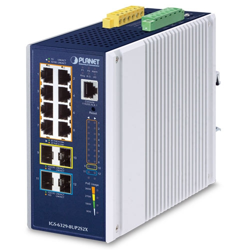 Industrial L3 8-Port 10/100/1000T 802.3bt PoE + 2-Port 1G/2.5G SFP + 2-Port 10G SFP+ Managed Ethernet Switch 1 box IGS 6329 8UP2S2X