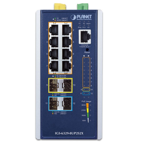 Industrial L3 8-Port 10/100/1000T 802.3bt PoE + 2-Port 1G/2.5G SFP + 2-Port 10G SFP+ Managed Ethernet Switch 2 box IGS 6329 8UP2S2X 01