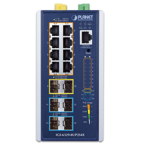 Industrial L3 8-Port 10/100/1000T 802.3bt PoE + 2-Port 1G/2.5G SFP + 4-Port 10G SFP+ Managed Ethernet Switch 2 box IGS 6329 8UP2S4X 01