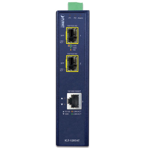 Industrial 1-port 10/100/1000T to 2-port 100/1000/2500X SFP Media Converter 2 box IGT 1205ATv2 01