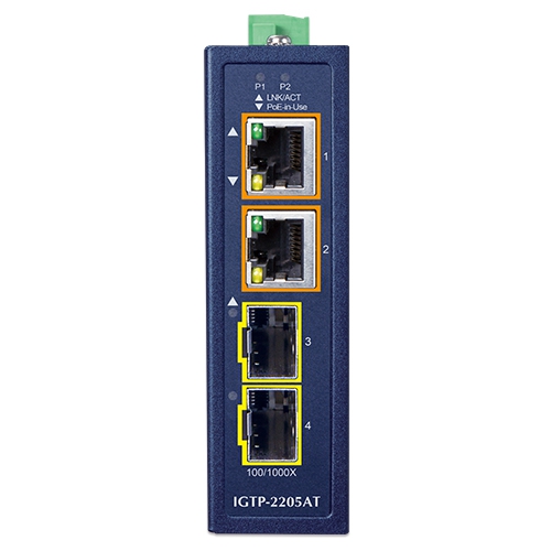 Compact Industrial 2-Port 100/1000X SFP to 2-Port 10/100/1000T 802.3at PoE+ Media Converter 2 box IGTP 2205AT 01