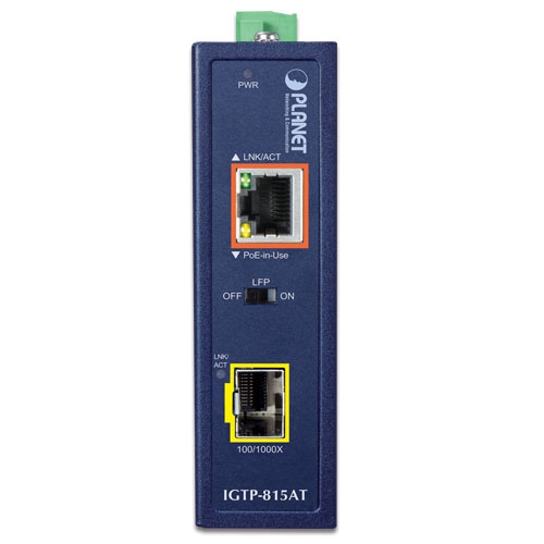 Industrial Compact 100/1000BASE-X to 10/100/1000BASE-T 802.3at PoE+ Media Converter 2 box IGTP 815ATv2 01