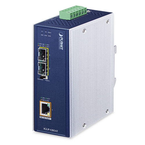 Industrial 2-Port 100/1000X SFP to 1-Port 10/100/1000T 802.3bt PoE++ Media Converter 1 box IGUP 1205AT B1