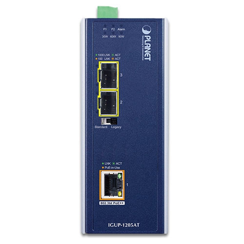 Industrial 2-Port 100/1000X SFP to 1-Port 10/100/1000T 802.3bt PoE++ Media Converter 2 box IGUP 1205AT B 01