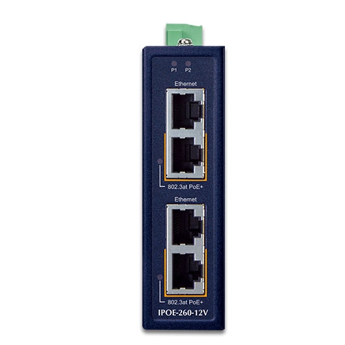 Industrial 2-port 10/100/1000T 802.3at PoE+ Injector Hub 4 box IPOE 260 12V 01